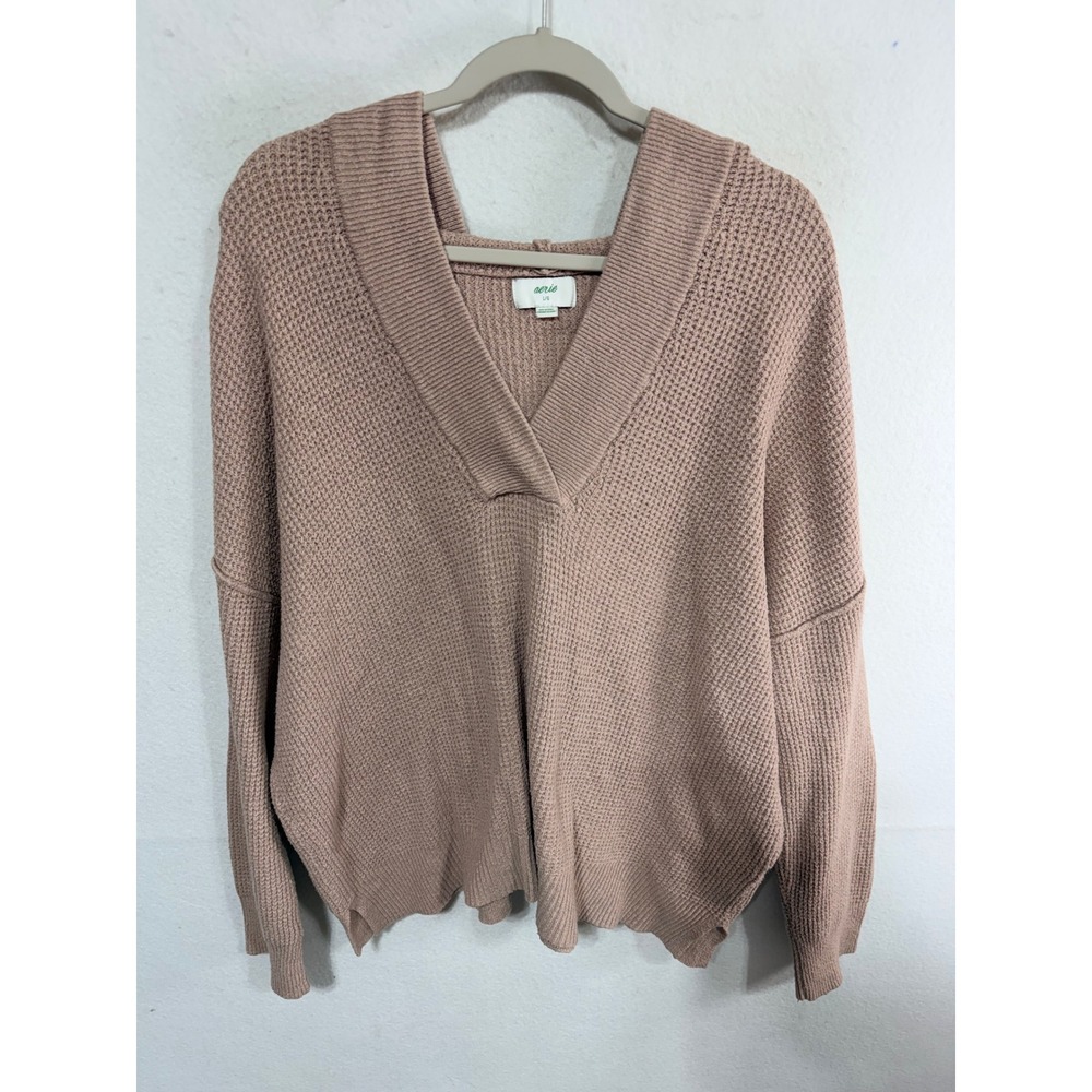 Aerie Sweater Waffle Knit V-Neck Hooded Women's L Blush Oversized Cozy Sweater